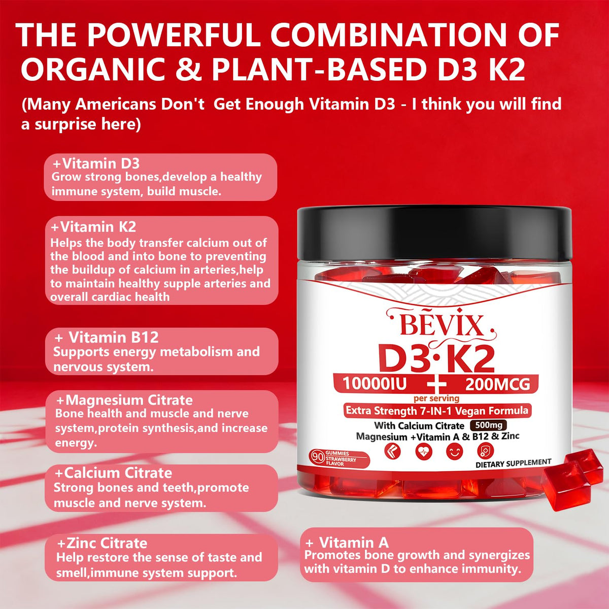 BEVIX Gélules de Vitamine D3 K2 sans sucre, détails des ingrédients