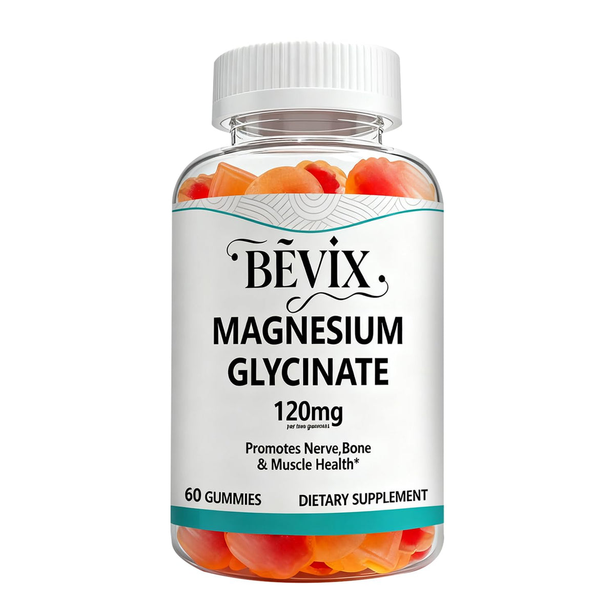 BEVIX Gummies de Magnésium Glycinate 120mg, 60 gommes en boîte