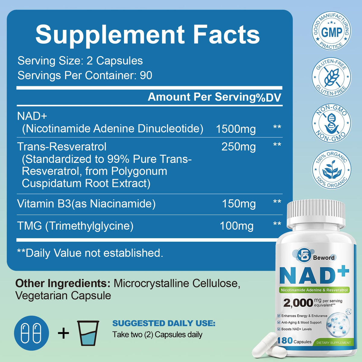 BEWORD Liposomal NAD+ 2000 mg 180 capsules avec un verre d'eau