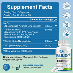 BEWORD Liposomal NAD+ 2000 mg 180 capsules avec un verre d'eau