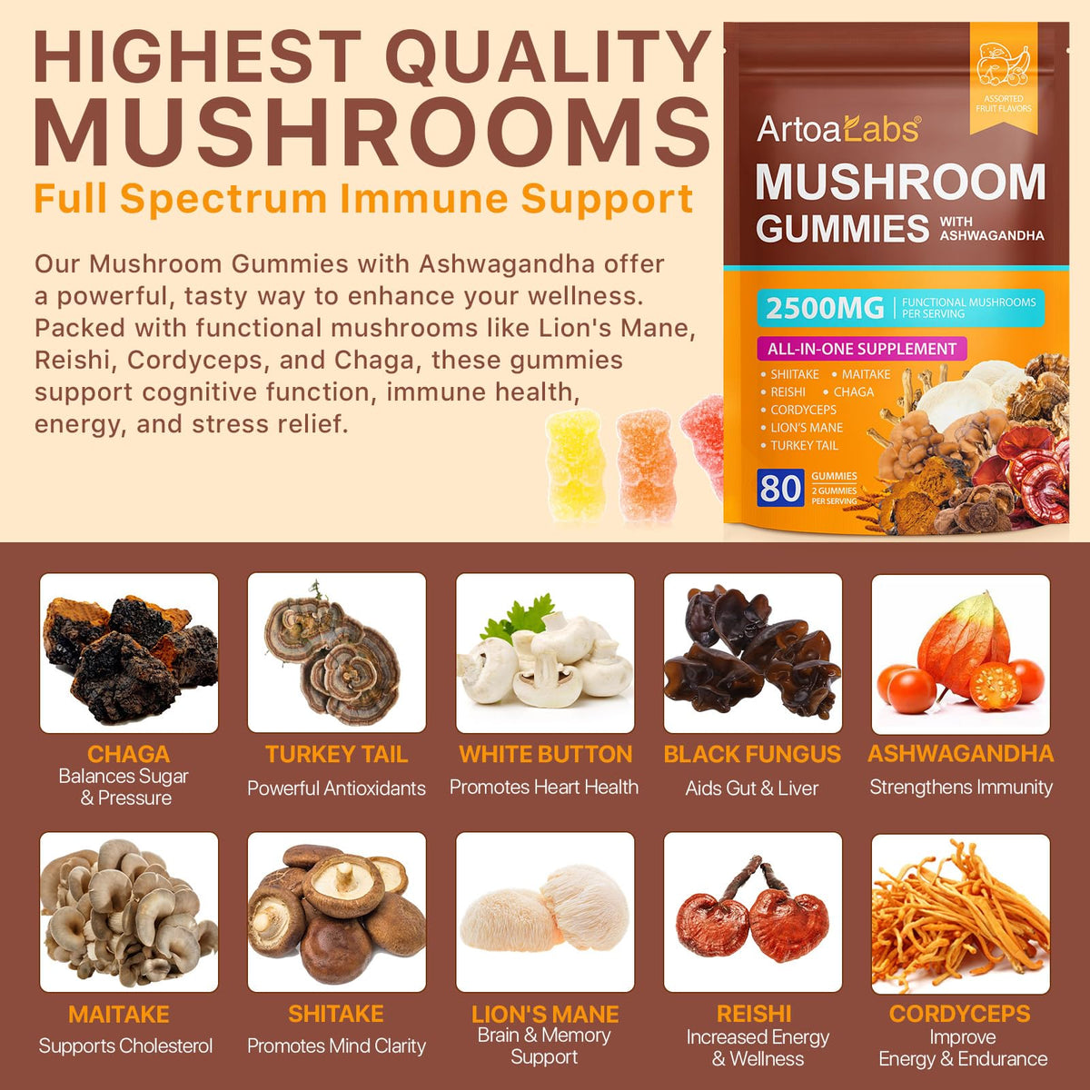 Beyxdu Gummies Champignon 2500mg sur une table avec d'autres compléments