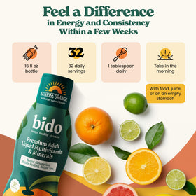 Bido Multivitamines Liquides Adultes 60+ Nutriments Orange, arrière-plan naturel