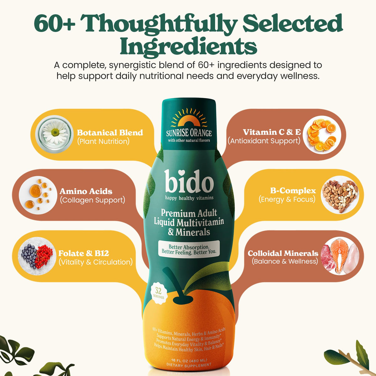 Bido Multivitamines Liquides Adultes 60+ Nutriments Orange, bouteille ouverte