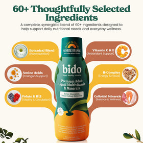 Bido Multivitamines Liquides Adultes 60+ Nutriments Orange, bouteille ouverte