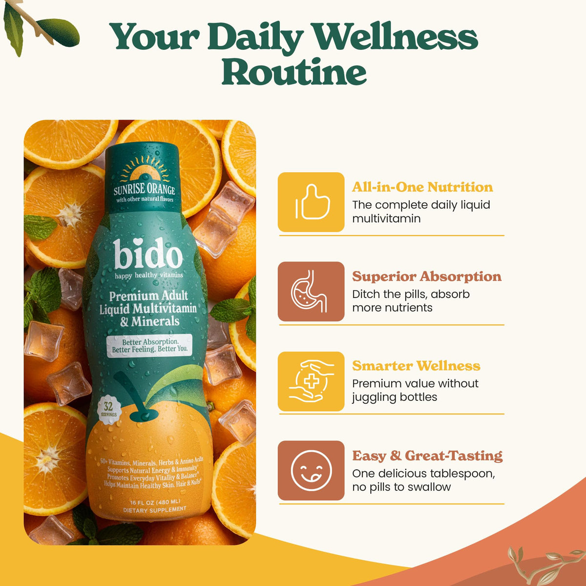 Bido Multivitamines Liquides Adultes 60+ Nutriments Orange, vue de côté