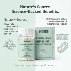 Biduka Acide Pentadécanoïque capsule à côté d'un verre d'eau