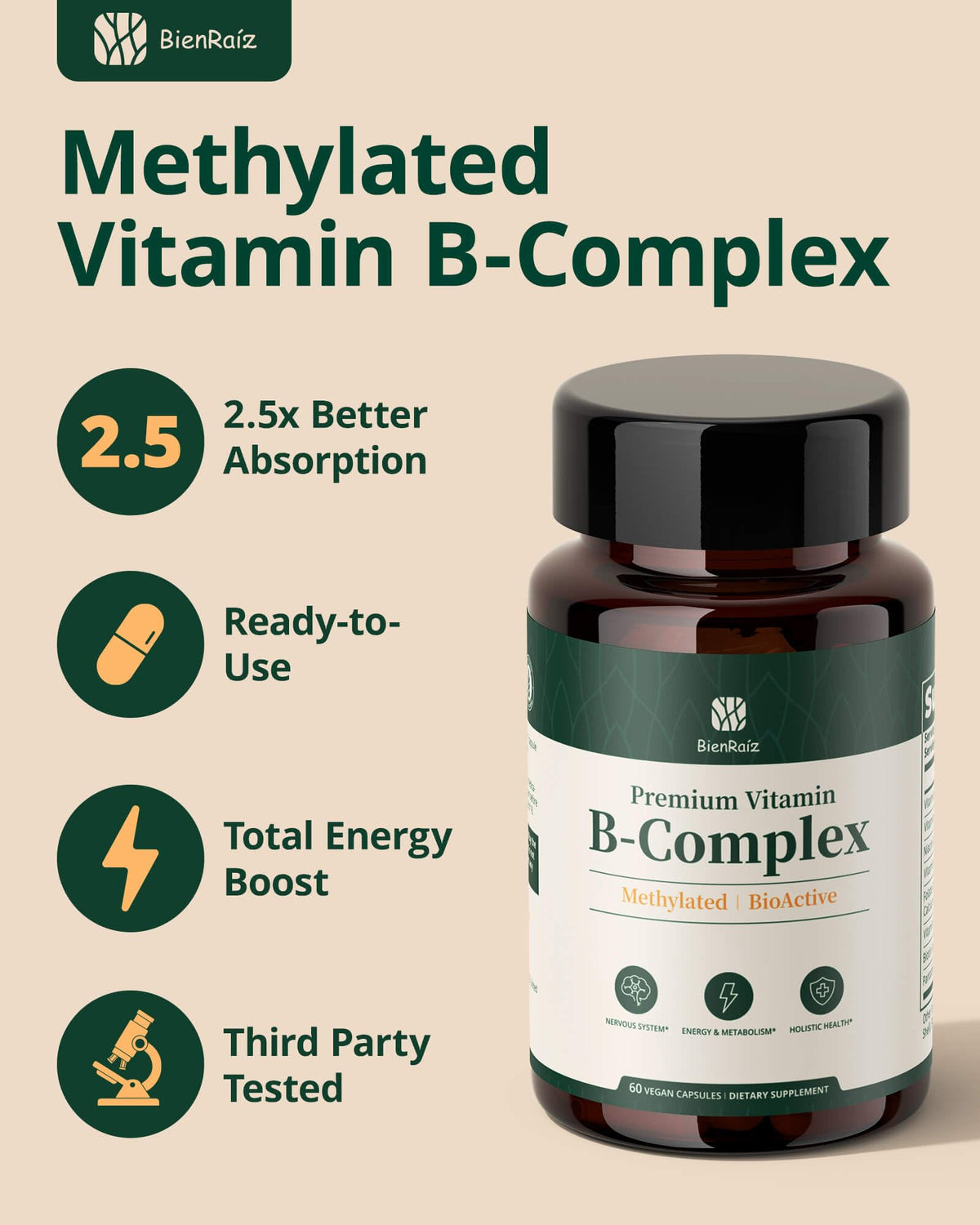 BienRaíz Complexe de Vitamines B Méthylées côté du flacon