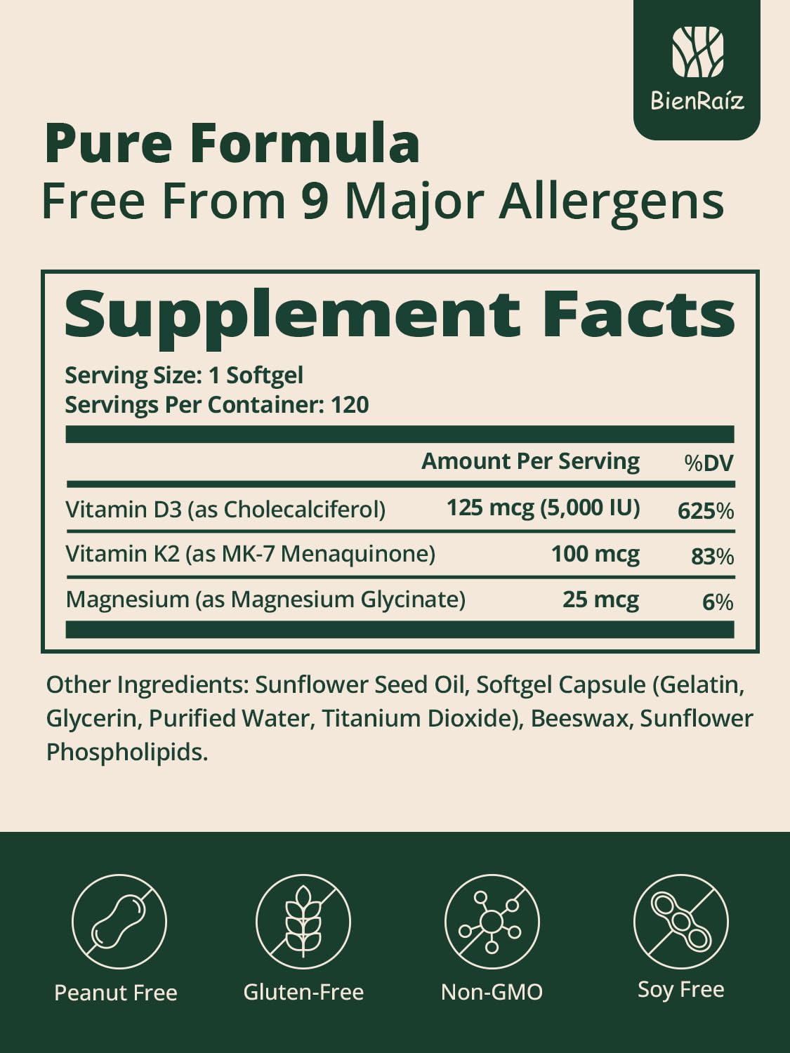 BienRaíz D3 K2 5000UI 100mcg MK7 gélules avec emballage
