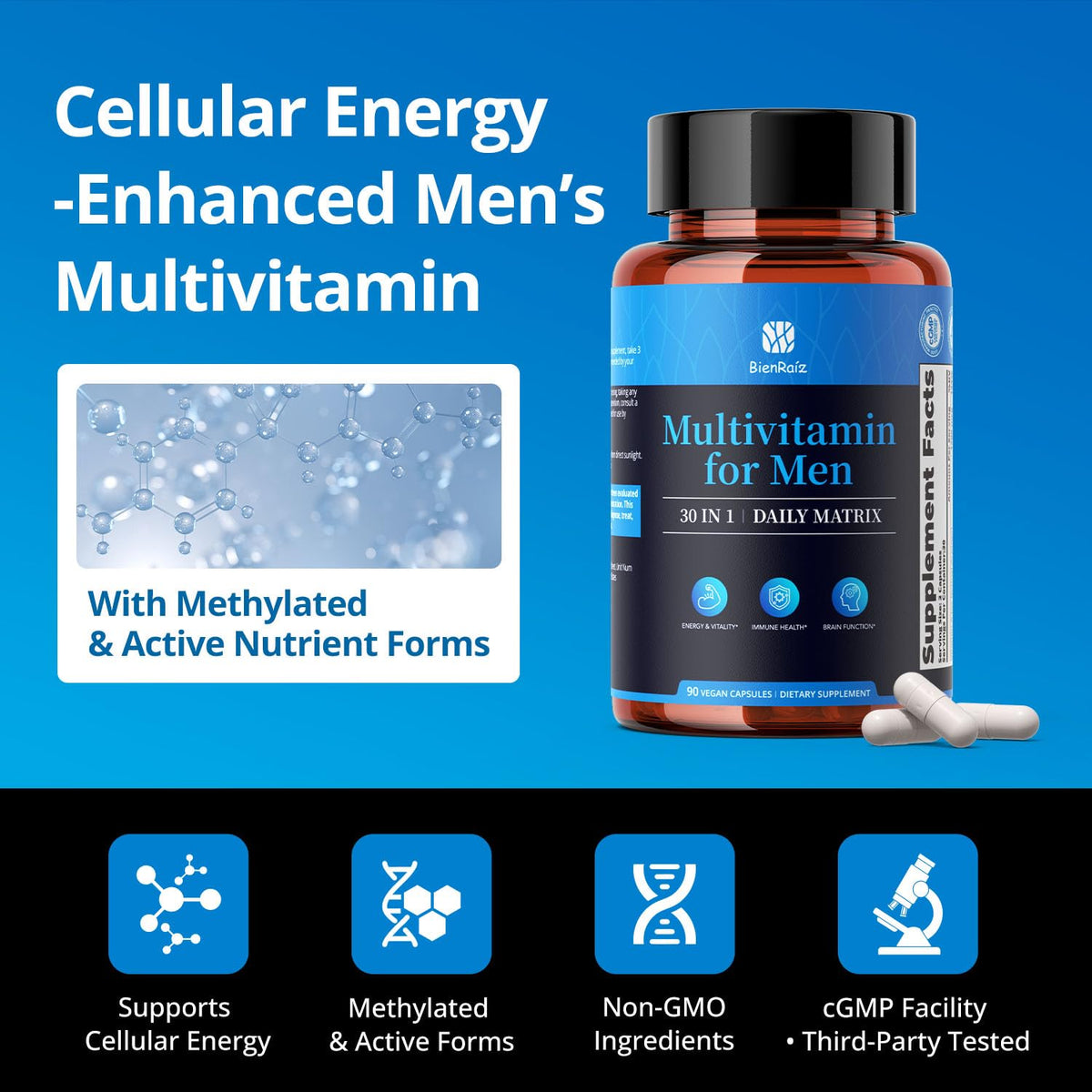 BienRaíz Multivitamines pour Hommes CoQ10 & PQQ 90 Capsules arrière