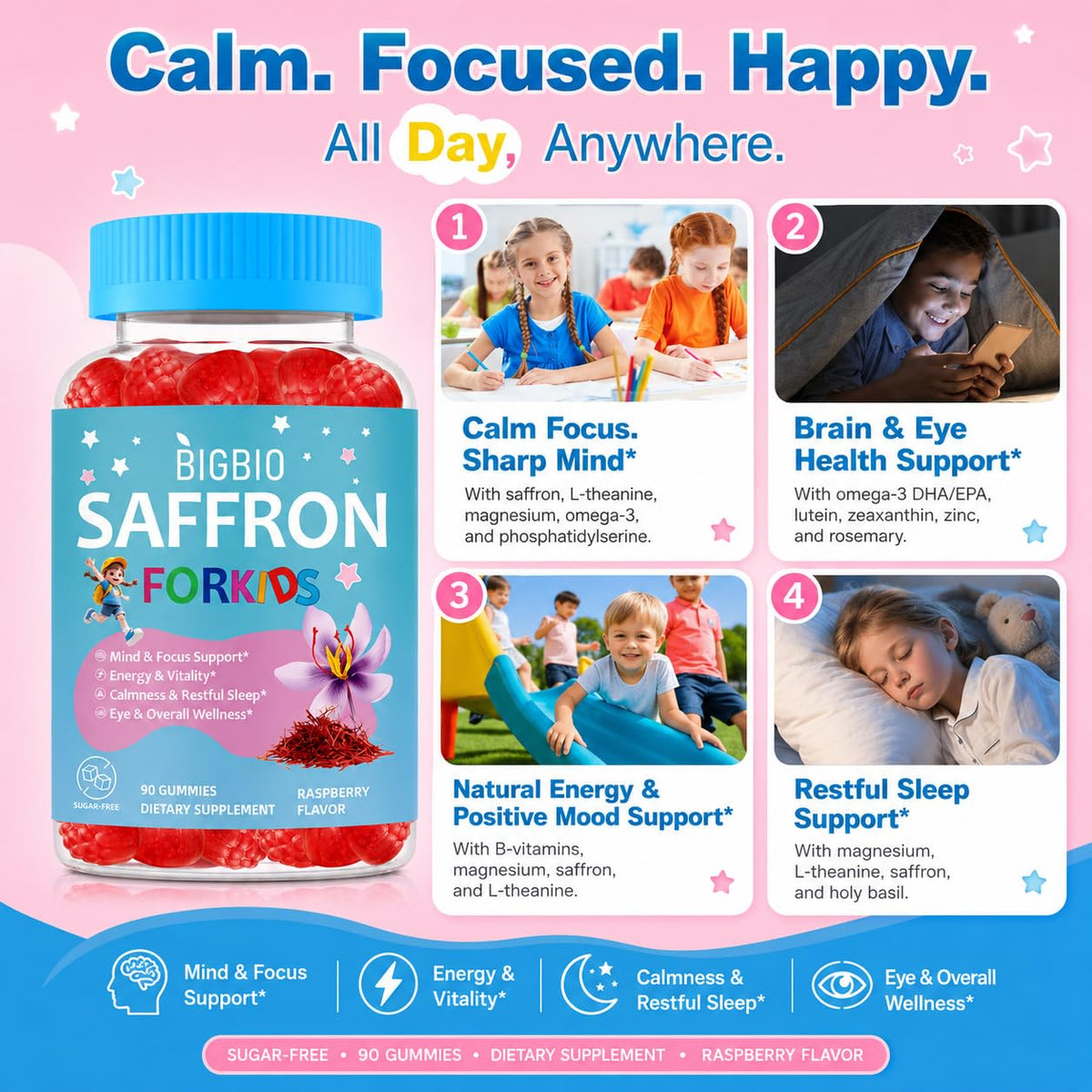 BIGBIO gummies Saffron pour enfants, ingrédients sur l'étiquette