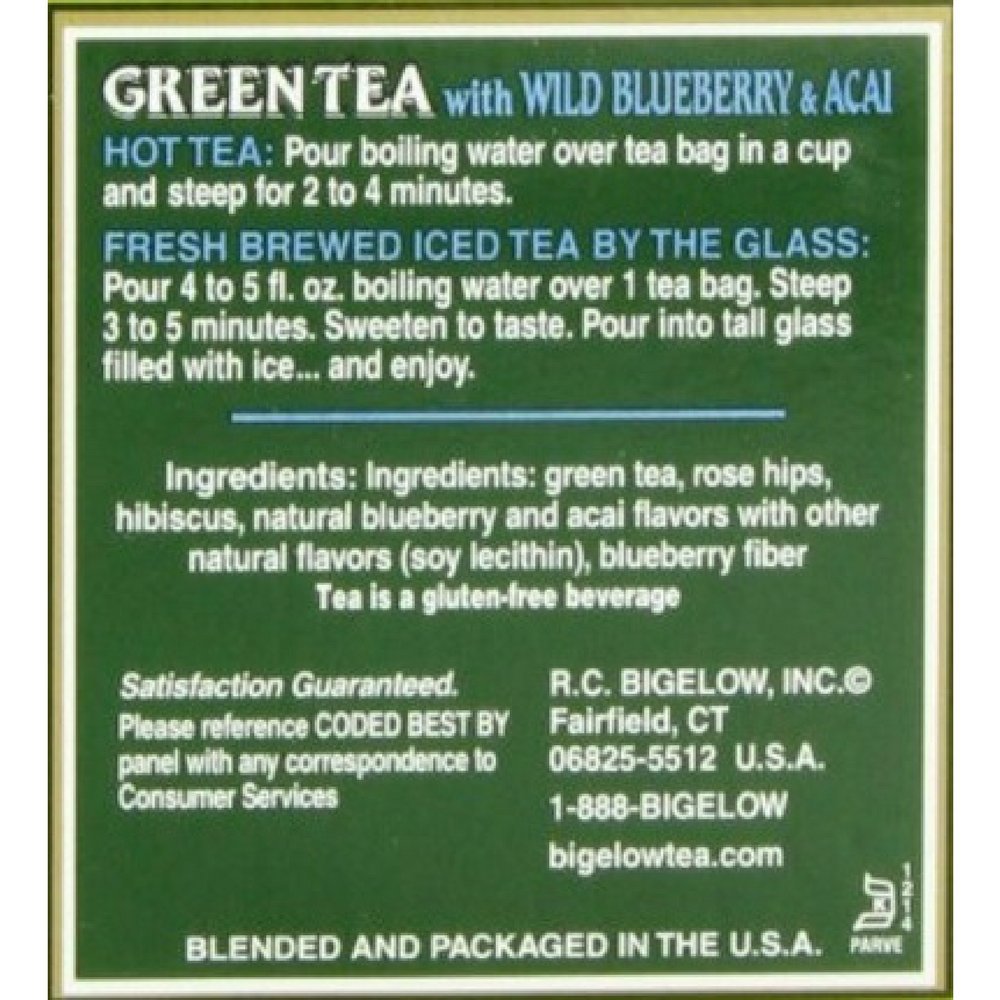 Bigelow Tea Thé Vert aux Myrtilles sachet ouvert avec infusion