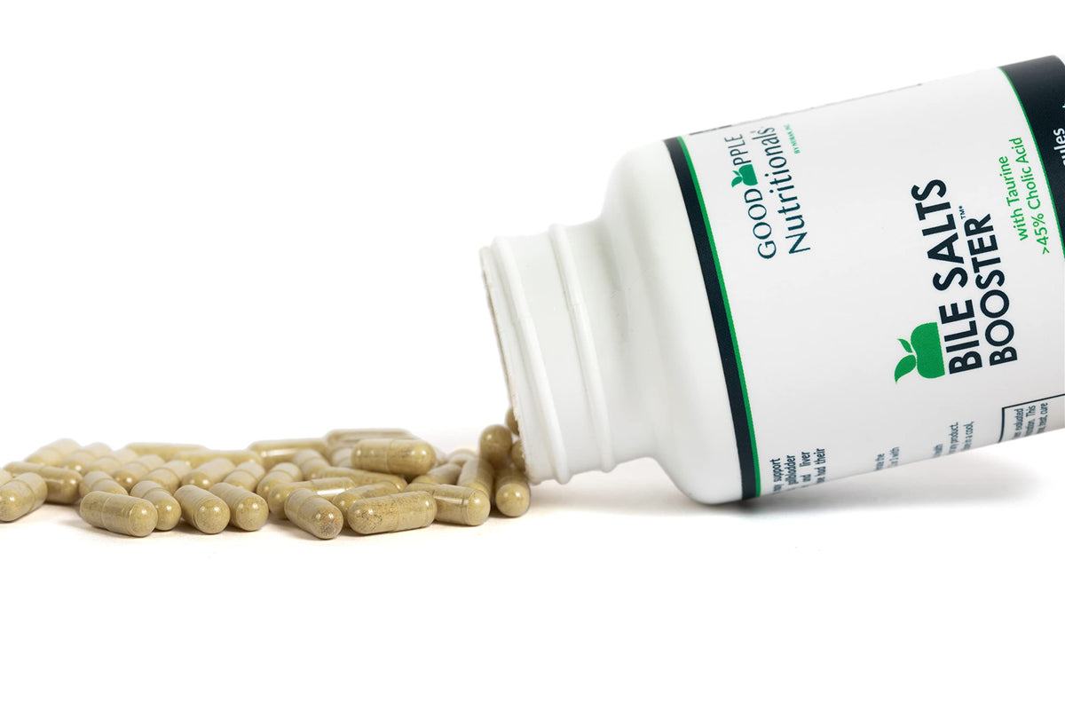 Bile Salts support GOODAPPLE NUTRITIONALS avec capsules sur une table en bois