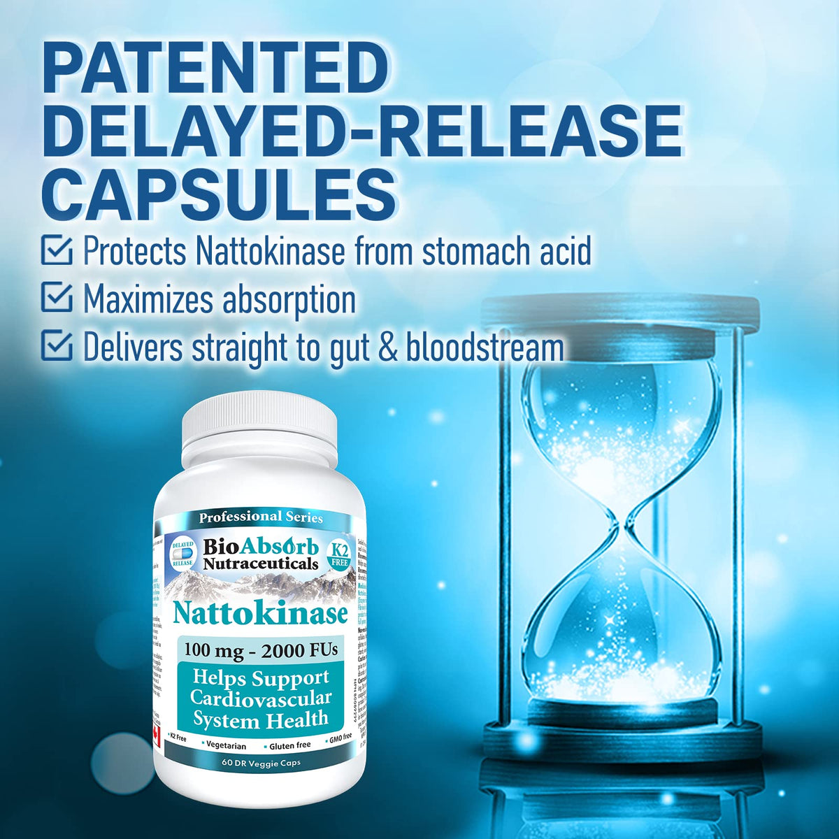 Bio Absorb Nattokinase 2000 FU 60 capsules avec étiquette détaillée