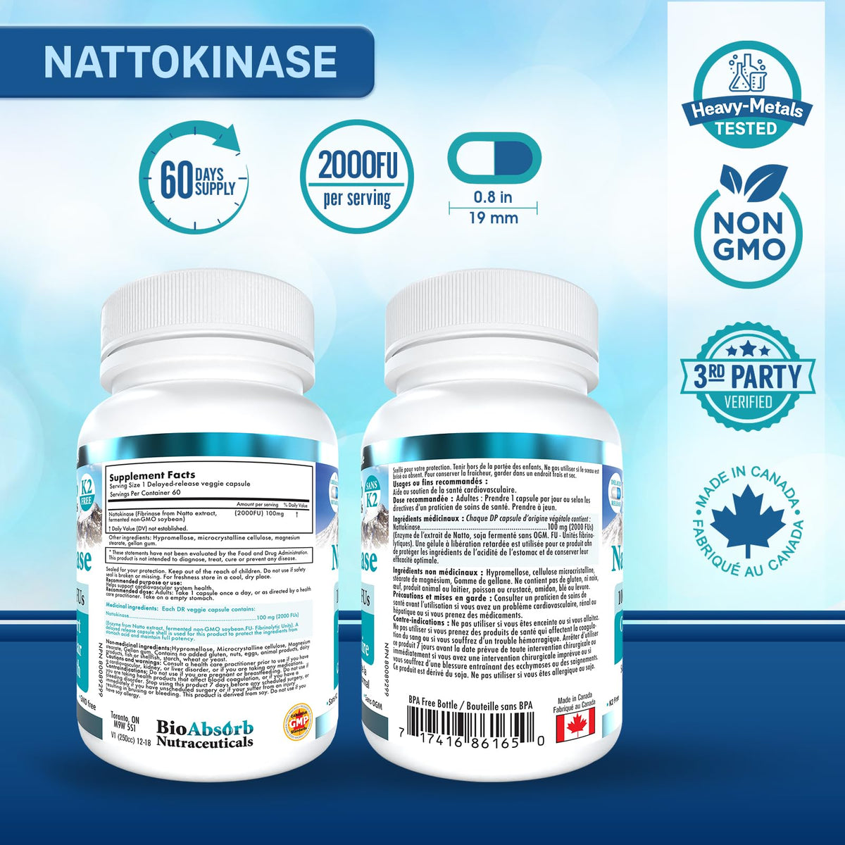Bio Absorb Nattokinase 2000 FU 60 capsules sur fond blanc