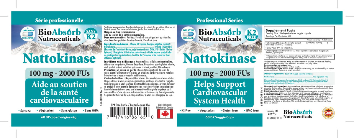 Bio Absorb Nattokinase 2000 FU contenant sur table