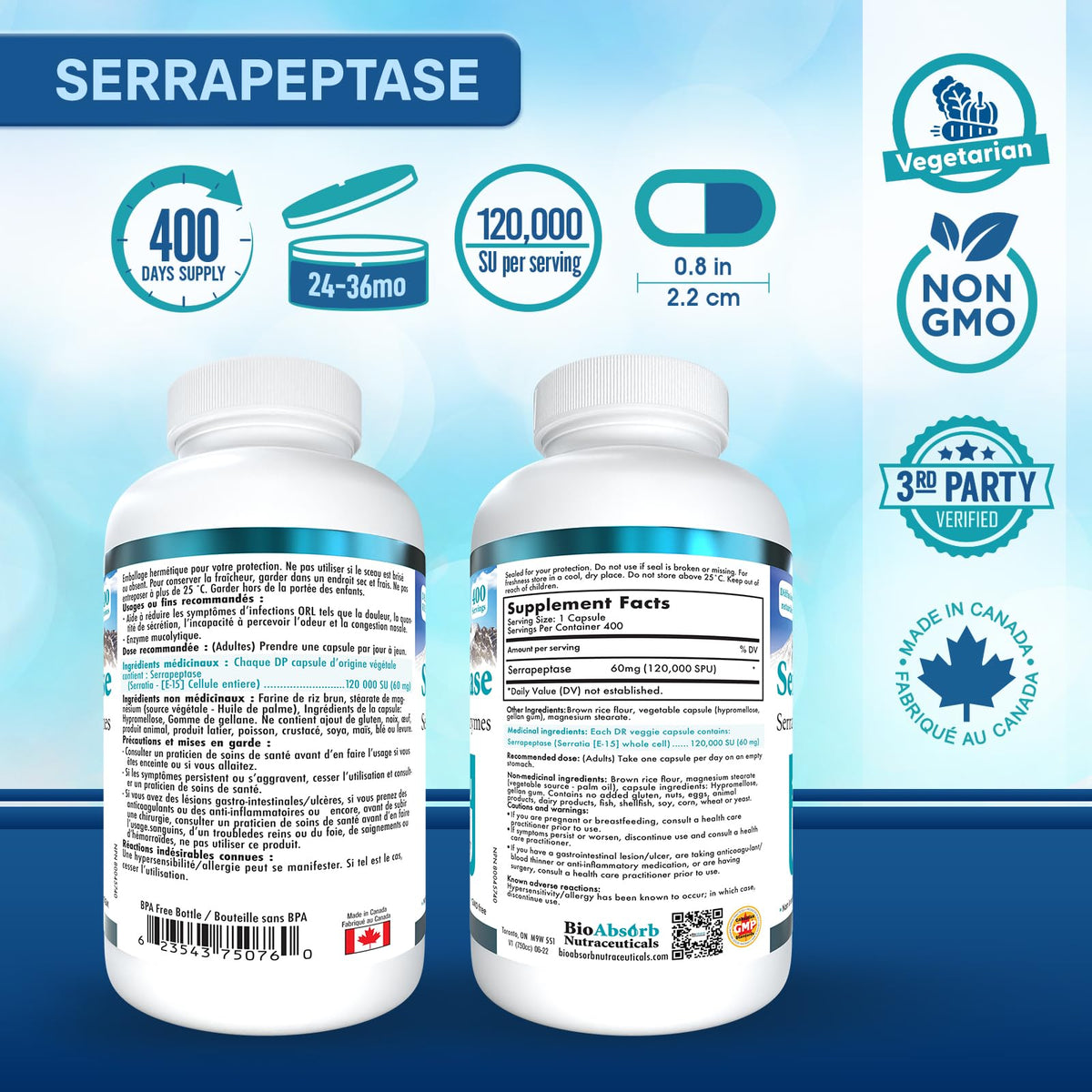 Bio Absorb Nutraceuticals gélules Serrapeptase avec un verre d'eau