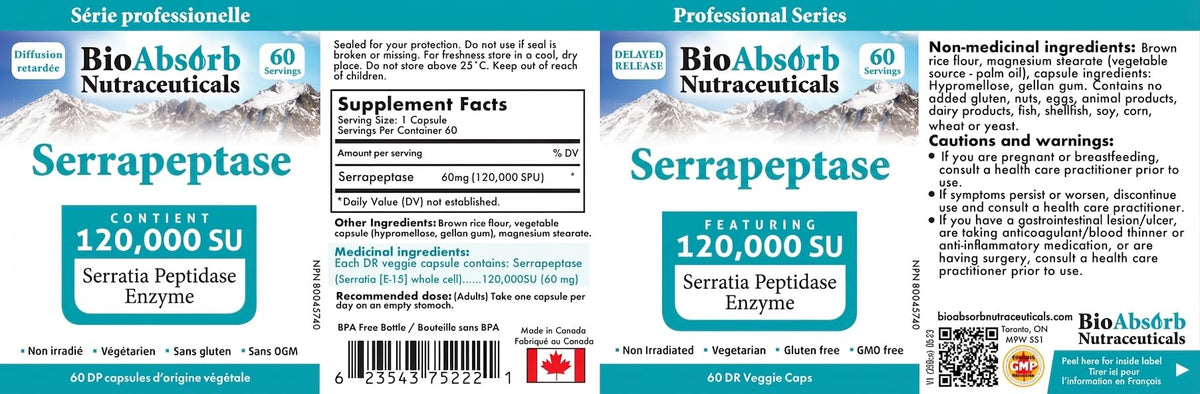 Bio Absorb Serrapeptase 120000 SPU boîte ouverte