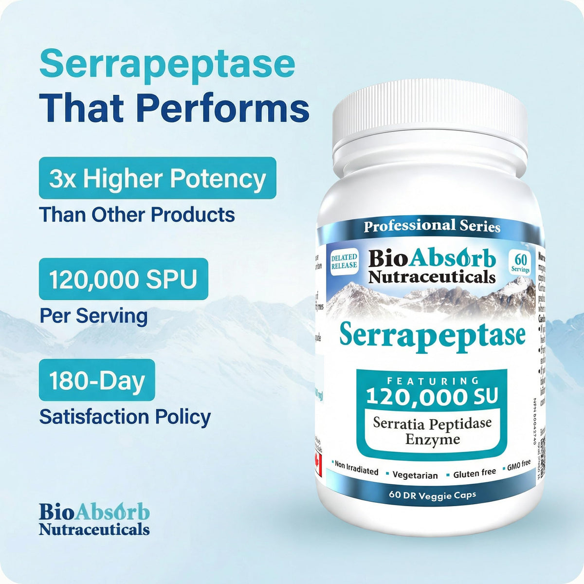 Bio Absorb Serrapeptase 120000 SPU capsules en gros plan