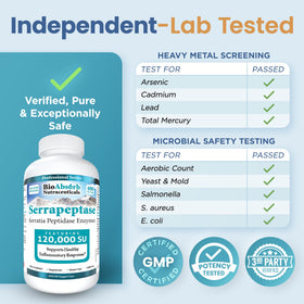 Bio Absorb Serrapeptase 120000 SPU sur un fond neutre
