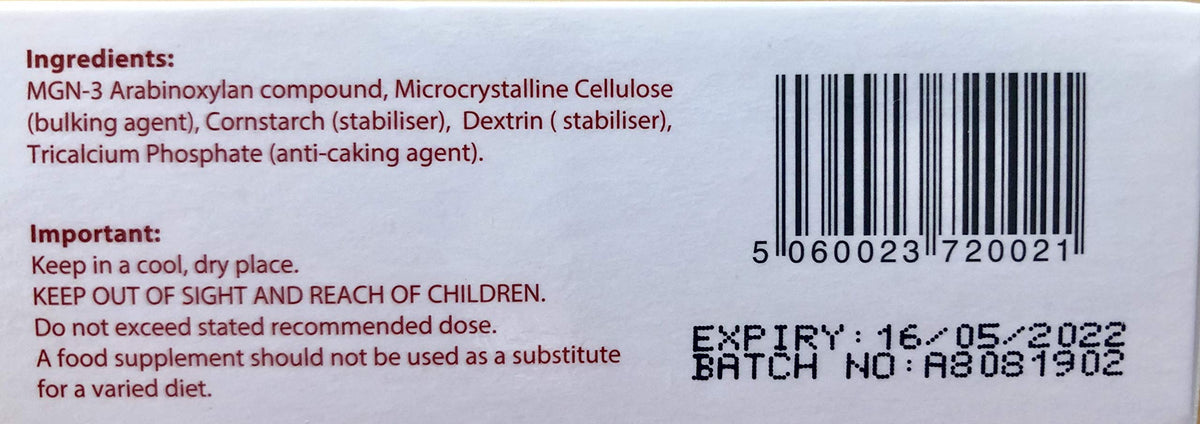 Bio B BioBran MGN-3 sachets de 1000 mg, côté de la boîte