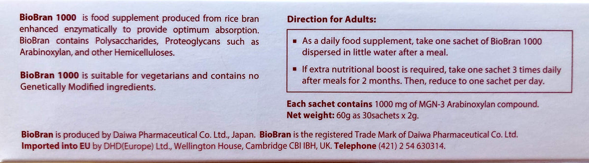 Bio B BioBran MGN-3 sachets de 1000 mg, informations nutritionnelles