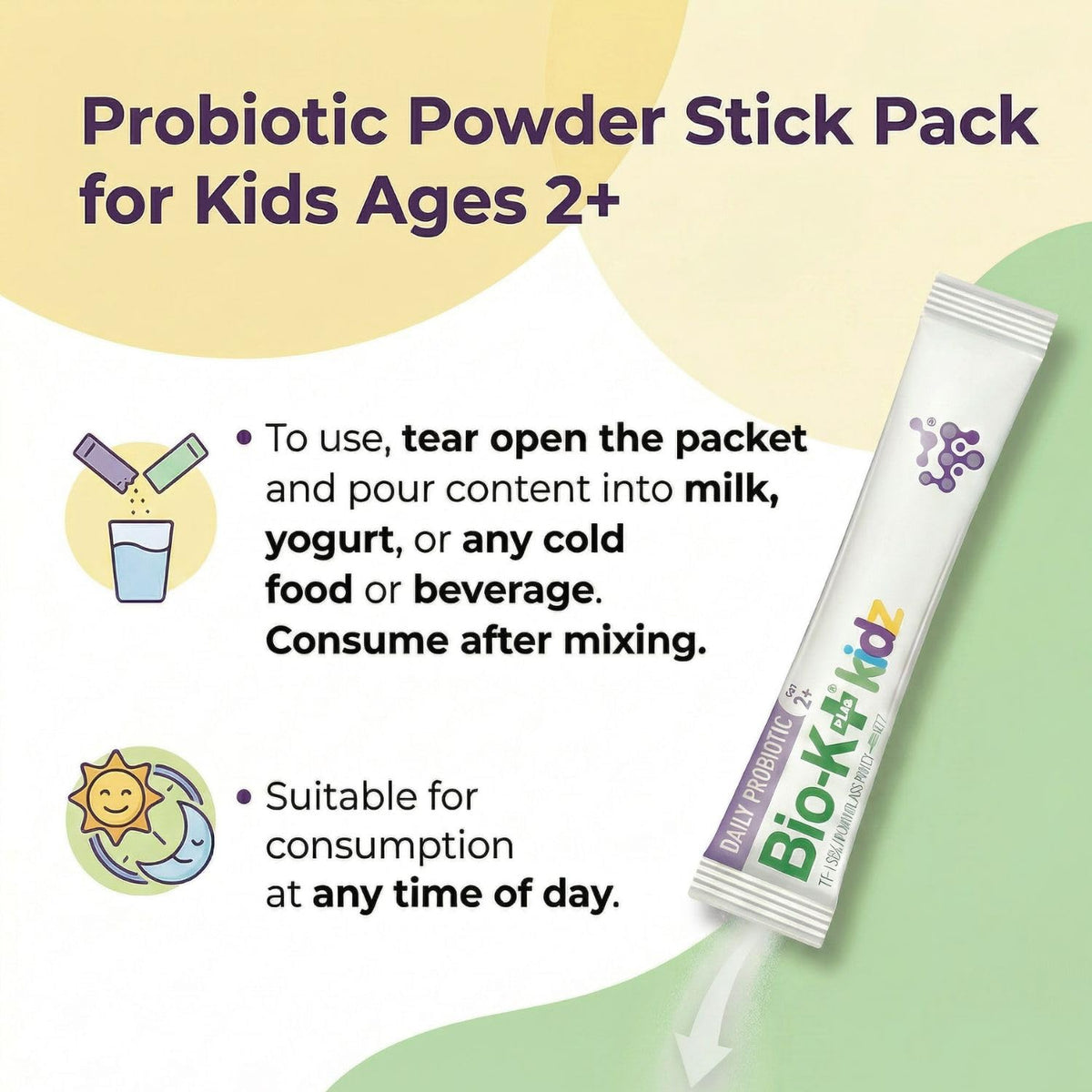 Bio-K Plus Poudre Probiotique Enfant sachets sur une table