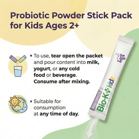 Bio-K Plus Poudre Probiotique Enfant sachets sur une table