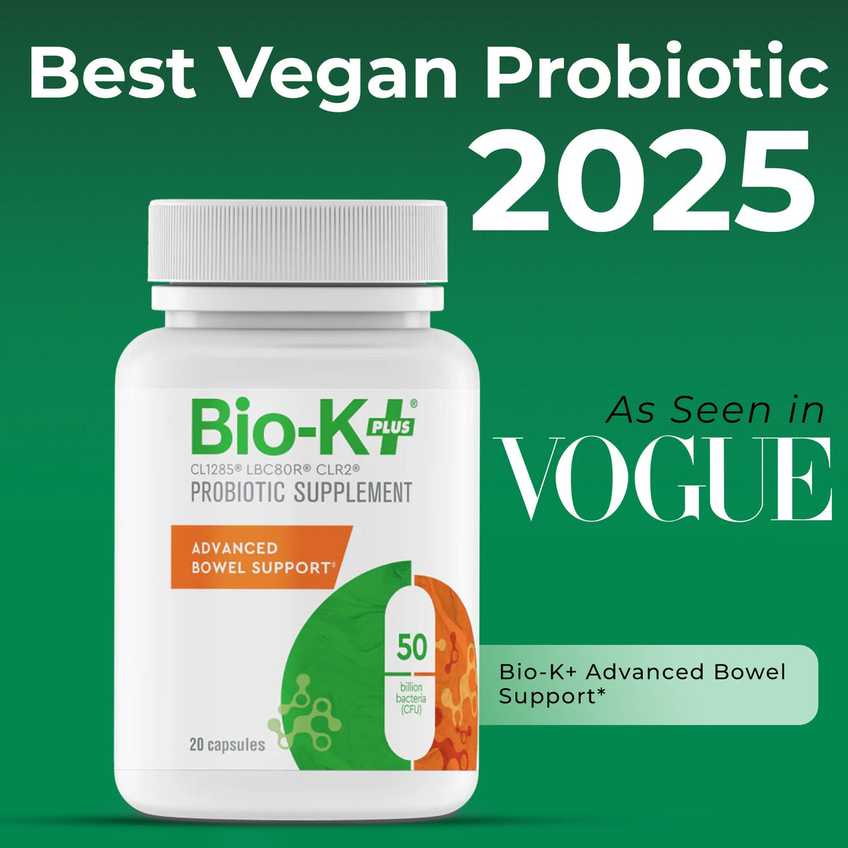 Bio-K Plus Probiotique Avancé 50B CFU Vegan 20 Capsules - emballage