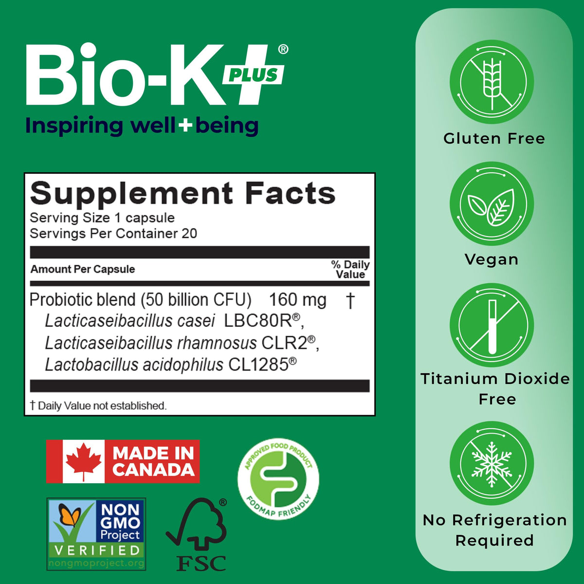 Bio-K Plus Probiotique Avancé 50B CFU Vegan 20 Capsules - vue arrière