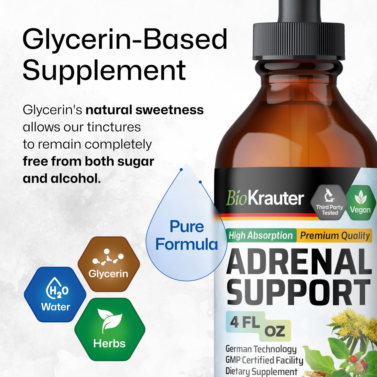 BIO KRAUTER Adrenal Support 141g flacon avec des herbes à côté