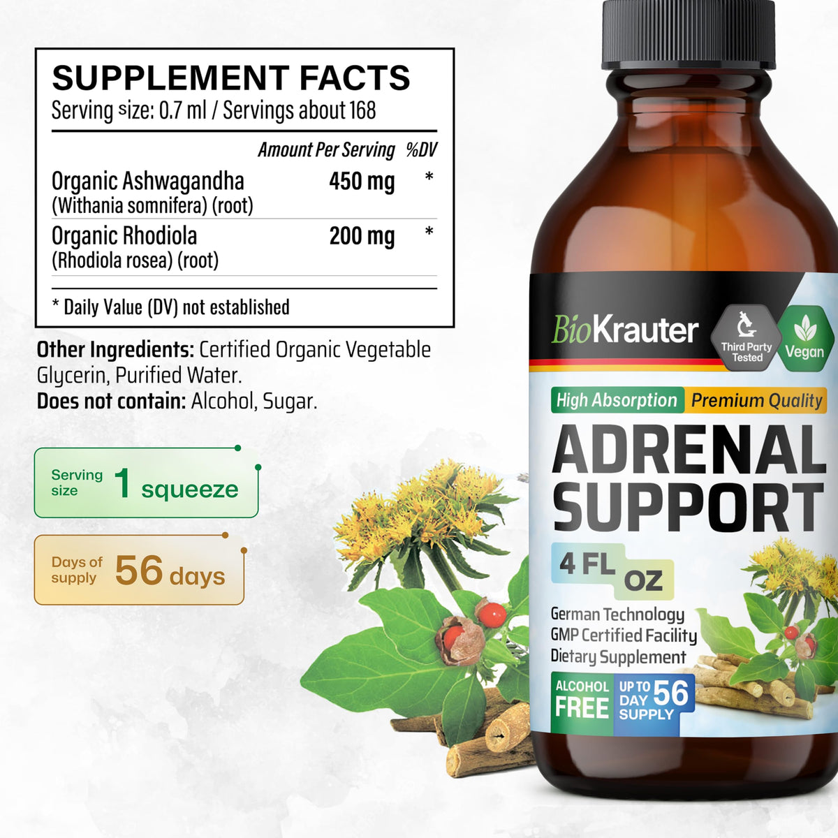 BIO KRAUTER Adrenal Support 141g ingrédients naturels sur fond blanc
