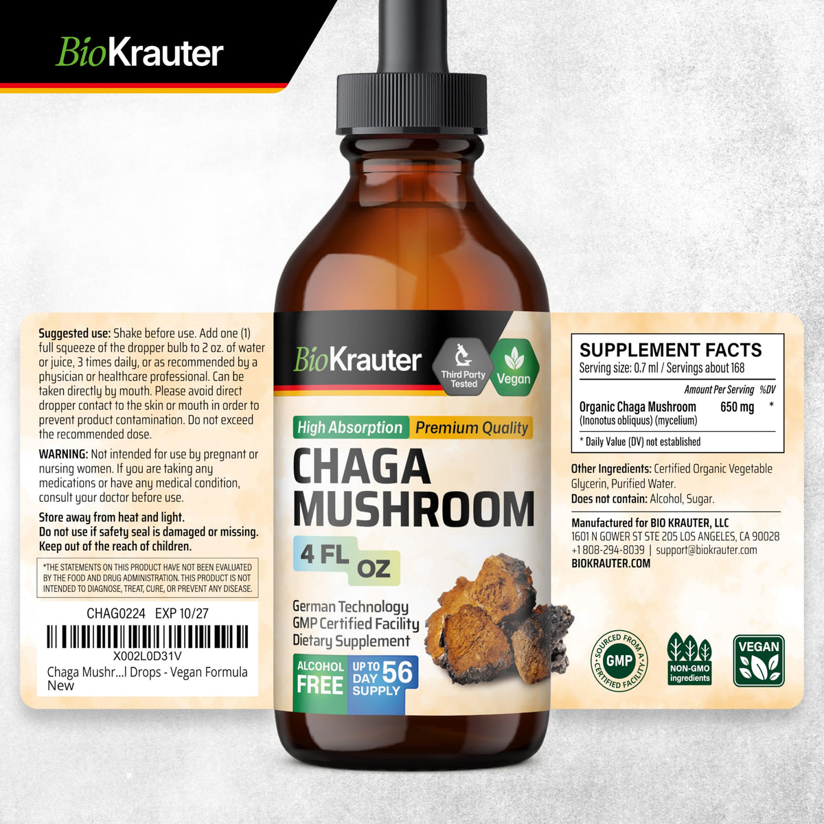 BIO KRAUTER Champignon Chaga 120 ml avec ingrédients