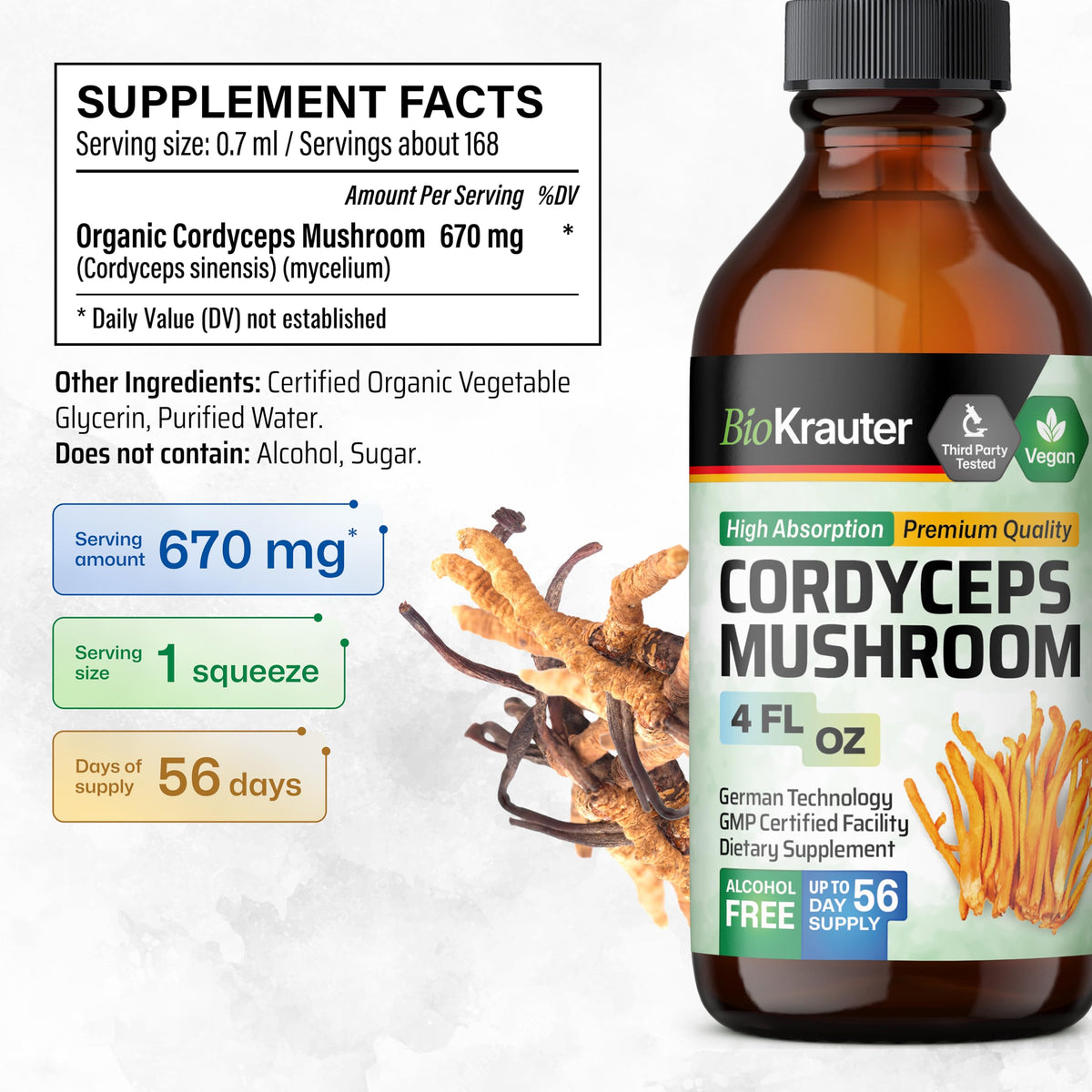 BIO KRAUTER Cordyceps 270g gouttes dans un verre