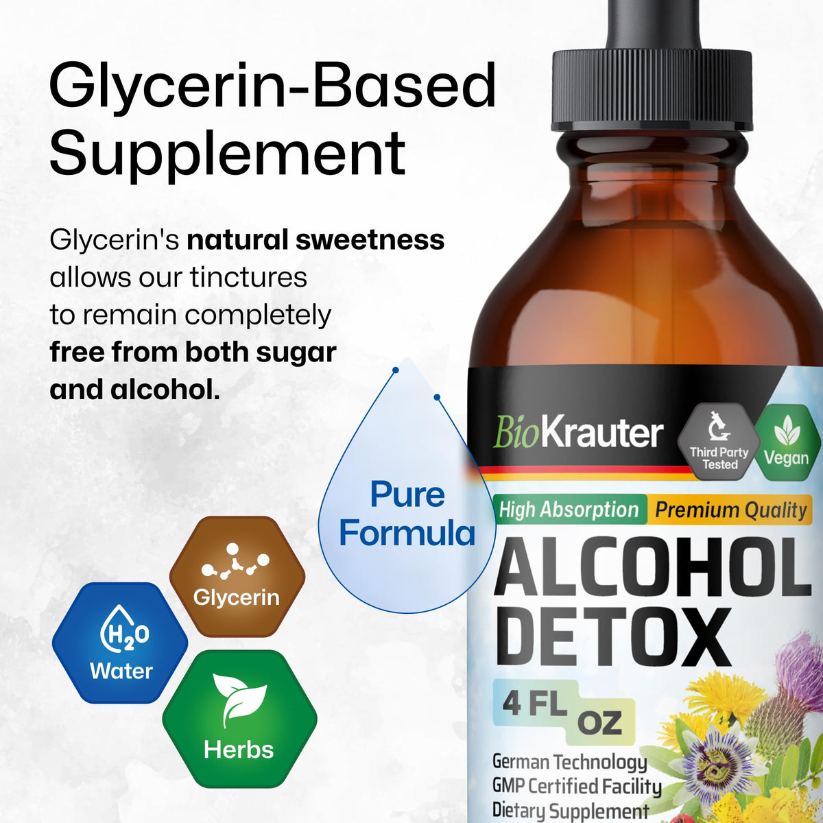 BIO KRAUTER Détox Alcool 4 Fl.Oz à côté d'un verre d'eau