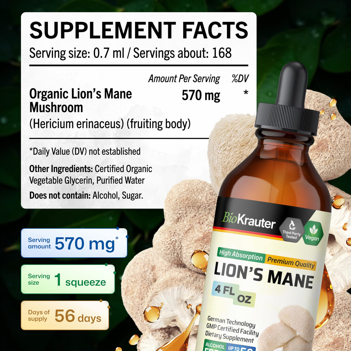 BIO KRAUTER Extrait de Lion's Mane 120 ml avec ingrédients sur fond blanc