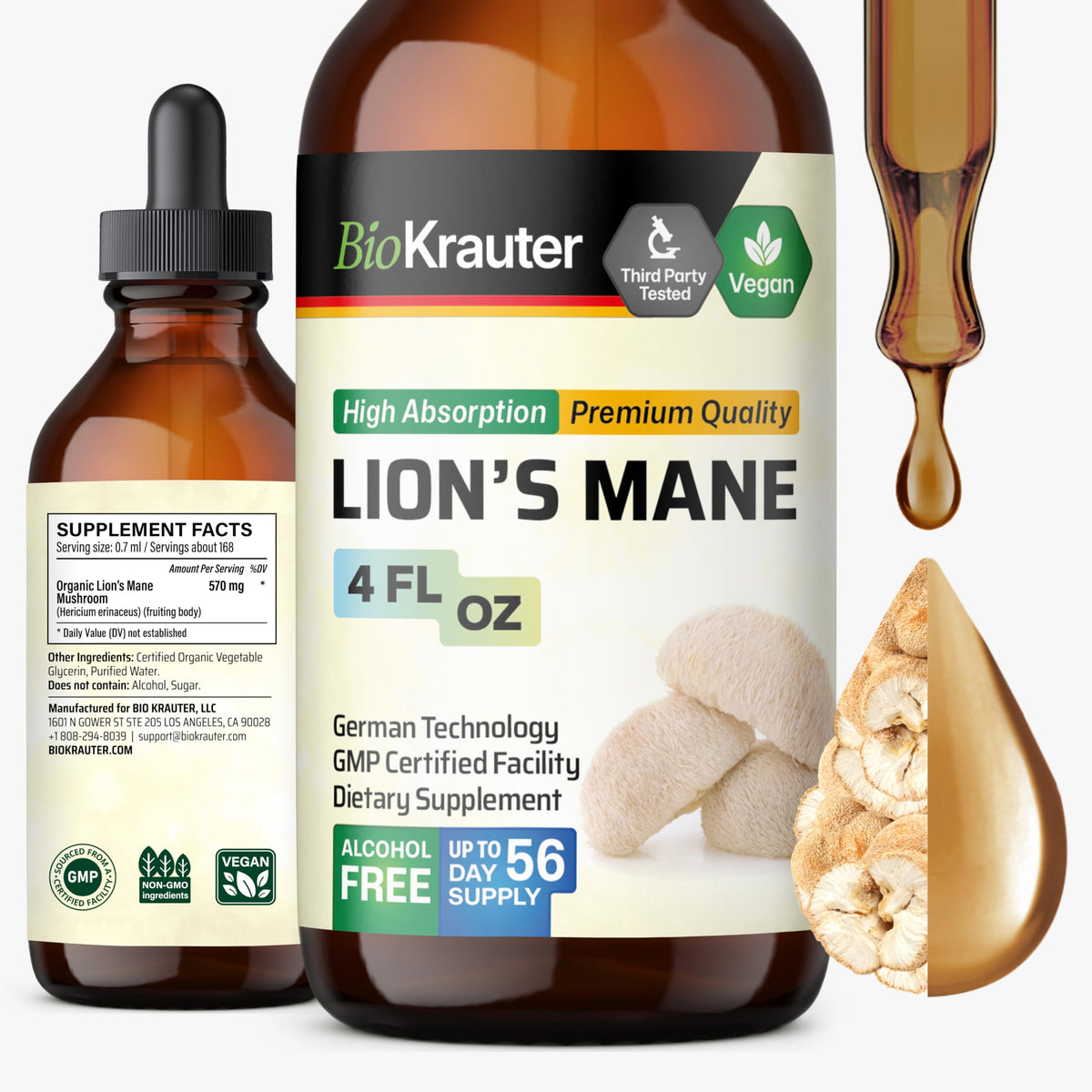 BIO KRAUTER Extrait de Lion's Mane 120 ml vue avant avec étiquette