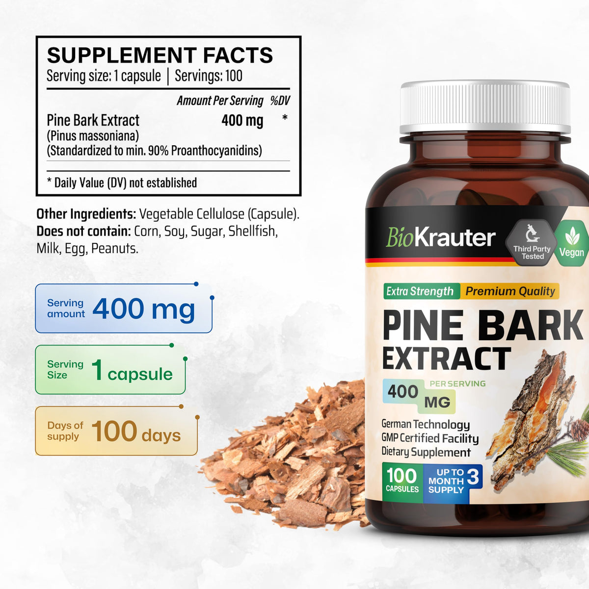 BIO KRAUTER Extrait de Pin Maritime gélules, étiquette avec ingrédients