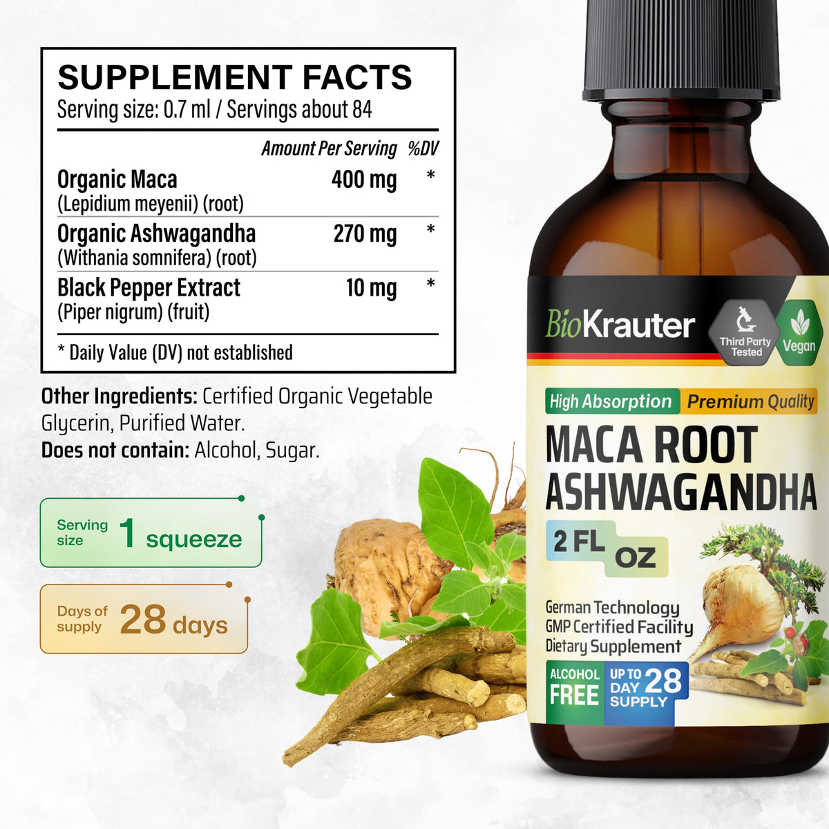 BIO KRAUTER flacon de Maca et Ashwagandha avec étiquette visible