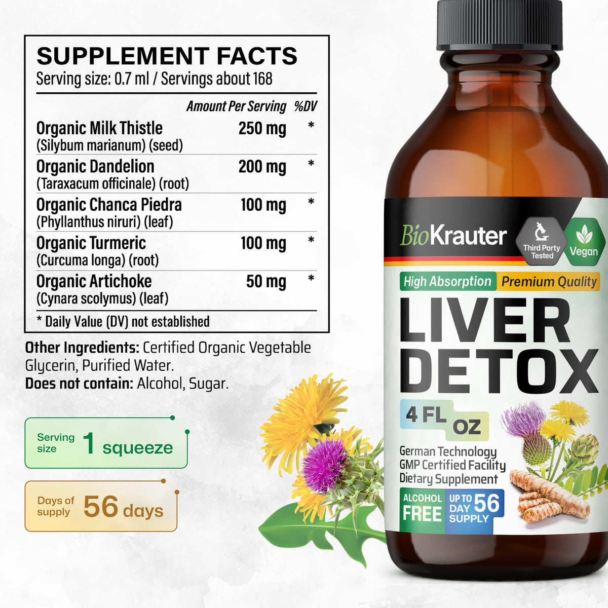 BIO KRAUTER Tisane Détox 5-en-1, flacon ouvert avec goutte