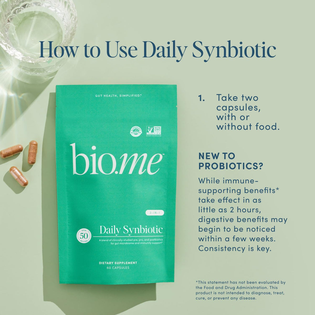 Bio.me Synbiotique 3-en-1 capsules sur une table en bois