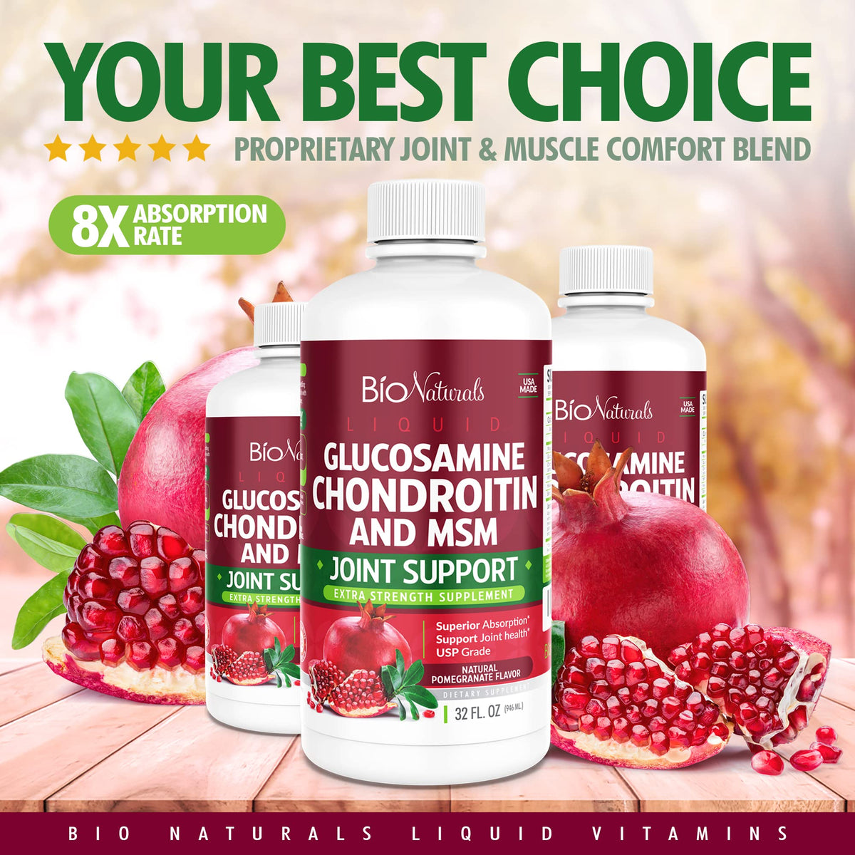 Bio Naturals Glucosamine Chondroitin MSM 32 fl oz côté avec bouchon