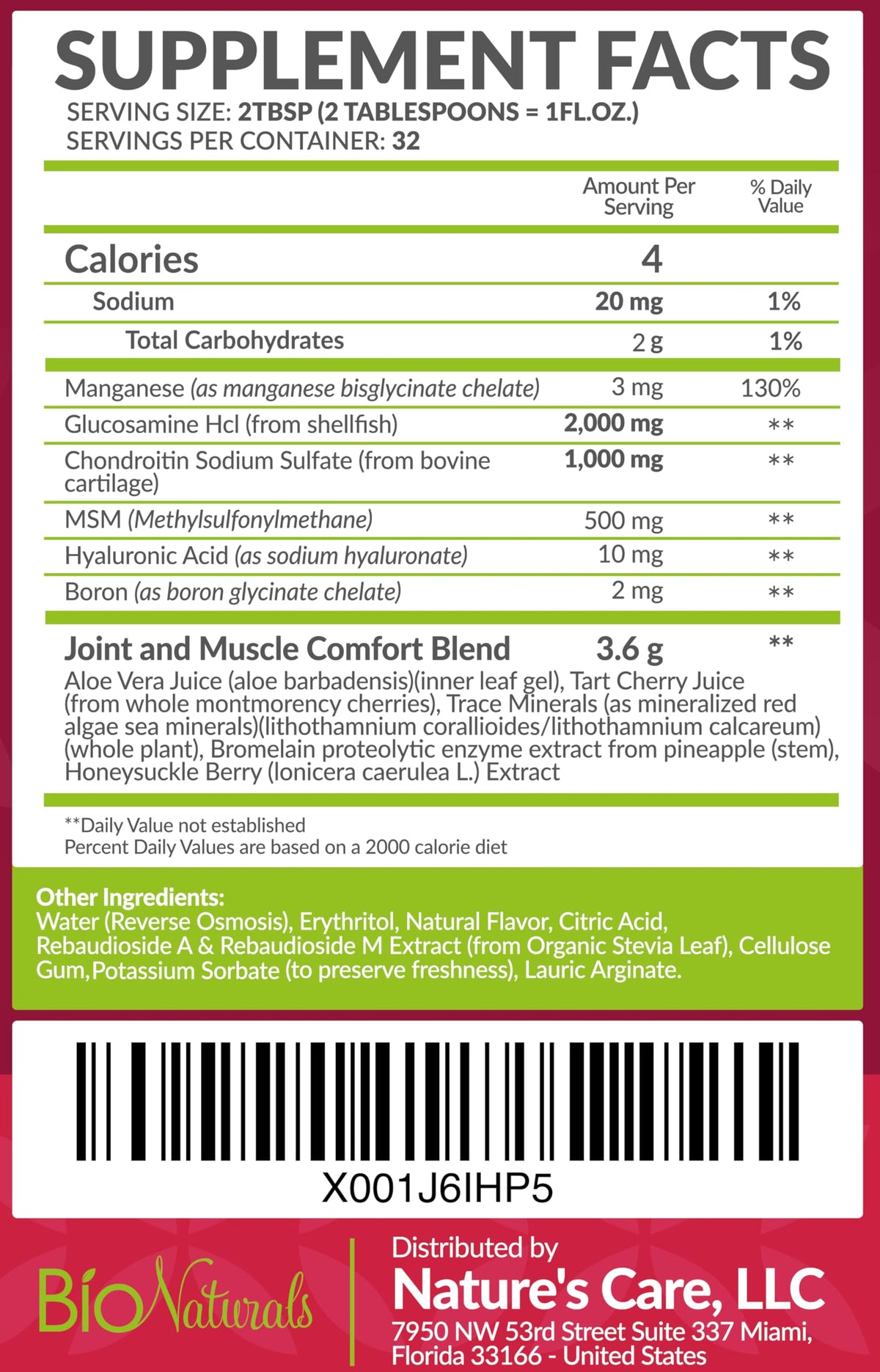 Bio Naturals Glucosamine Chondroitin MSM 32 fl oz étiquette avec ingrédients