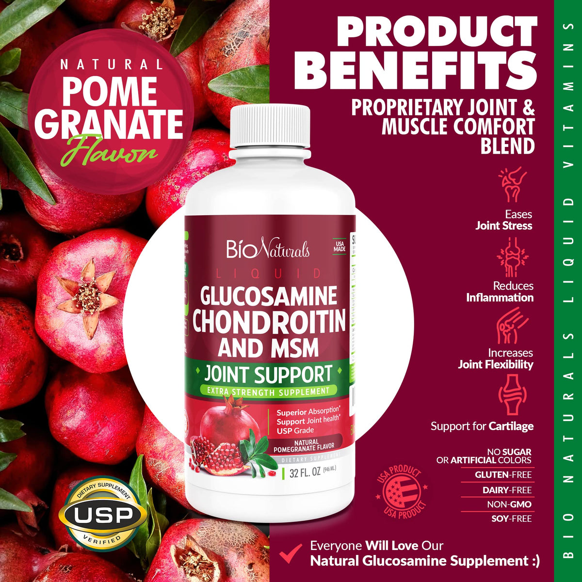 Bio Naturals Glucosamine Chondroitin MSM 32 fl oz sur un fond blanc