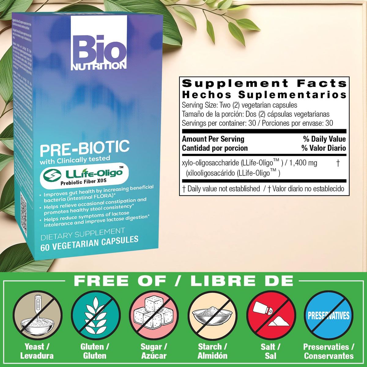 Bio Nutrition Complément Alimentaire Prébiotique 60 Capsules Végétariennes, vue de dos