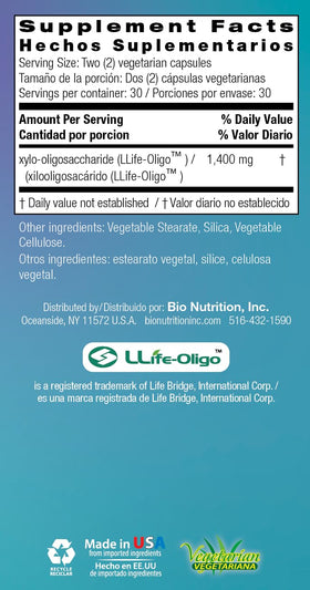 Bio Nutrition Complément Alimentaire Prébiotique 60 Capsules Végétariennes, présentation avec des ingrédients