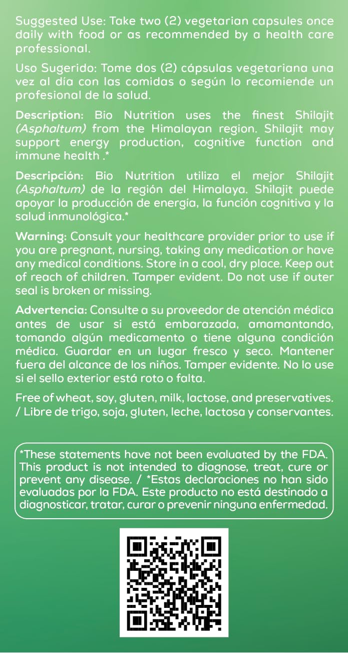 Bio Nutrition Shilajit 500 mg par capsule