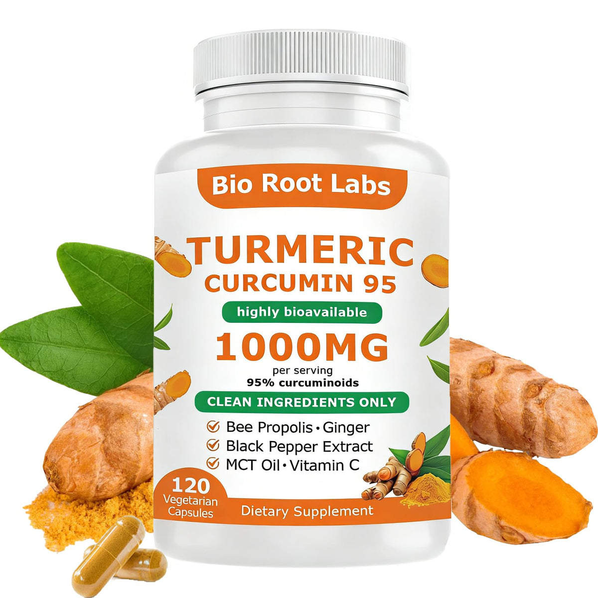 Bio Root Labs Curcuma 95% Curcumine 120 capsules vue de face