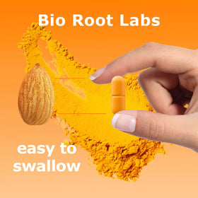 Bio Root Labs Curcuma 95% Curcumine capsules sur fond blanc