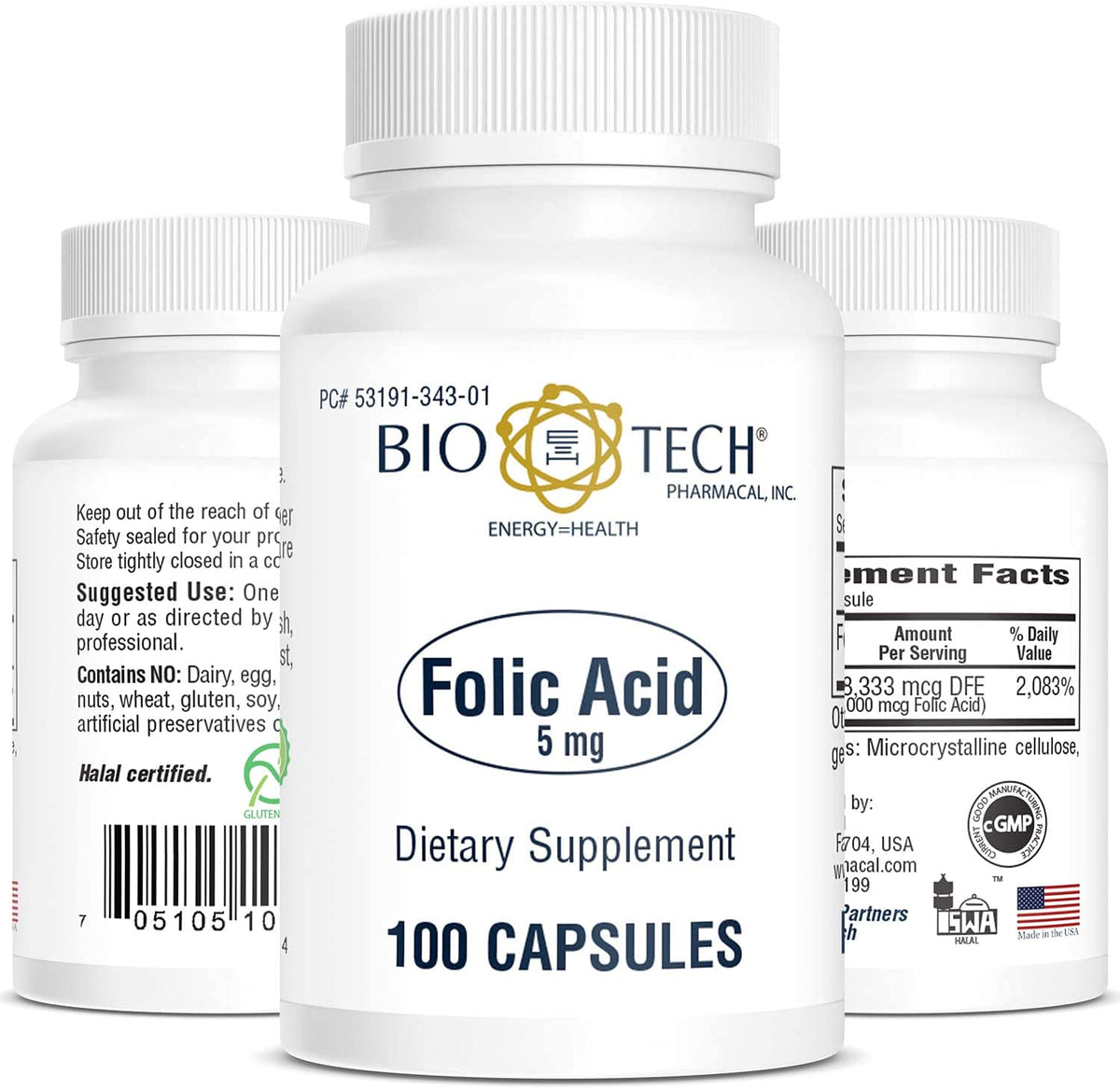 Bio-Tech Pharmacal Acide Folique 5 mg 100 capsules vue avant