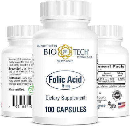 Bio-Tech Pharmacal Acide Folique 5 mg 100 capsules vue avant
